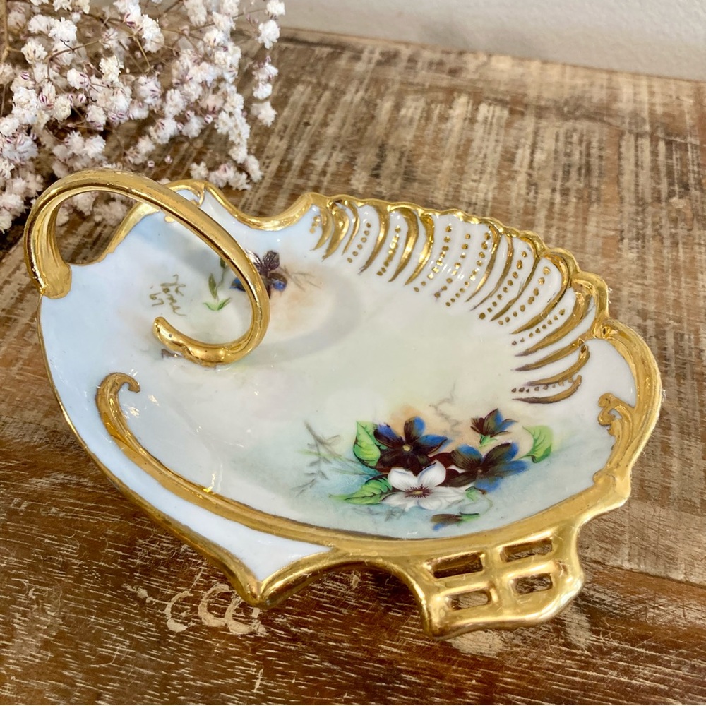 Vintage Ceramic Hand Painted Trinket Dish Signed 1967 Violets Gold Tone